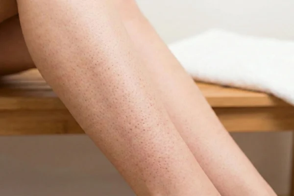 Truskawkowe nogi – zbliżenie na skórę z widocznymi czarnymi kropkami i zatkanymi porami po goleniu