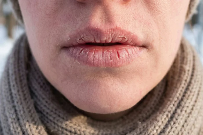 Zbliżenie na mocno spierzchnięte i popękane usta zimą – efekt działania mrozu i suchego powietrza