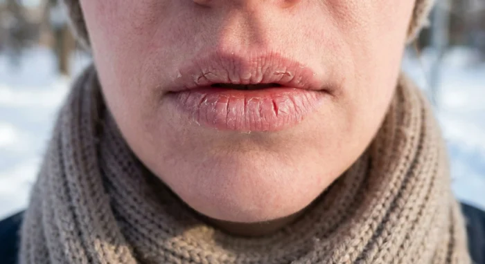 Zbliżenie na mocno spierzchnięte i popękane usta zimą – efekt działania mrozu i suchego powietrza