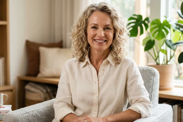 Dojrzała, uśmiechnięta kobieta. Szuka sposobu na to, jak zlikwidować chomiki na twarzy domowym sposobem i poprawić owal.