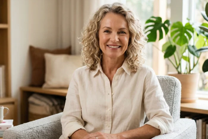 Dojrzała, uśmiechnięta kobieta. Szuka sposobu na to, jak zlikwidować chomiki na twarzy domowym sposobem i poprawić owal.